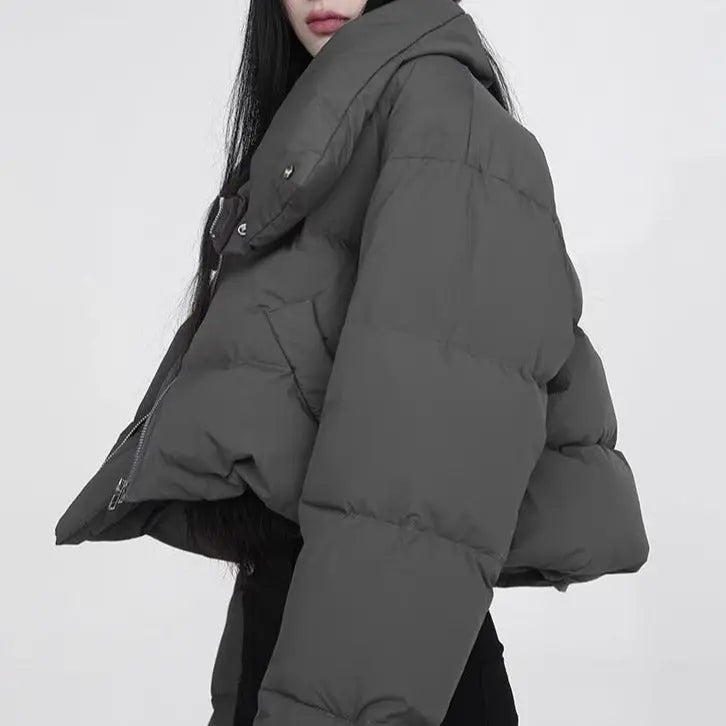 Free Shipping For 'Zero Degree' Grey Diagonal Collar Crop Puffer