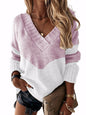 Casual Long Sleeves Loose Contrast Color V-Neck Sweater Tops-Homeunderwear