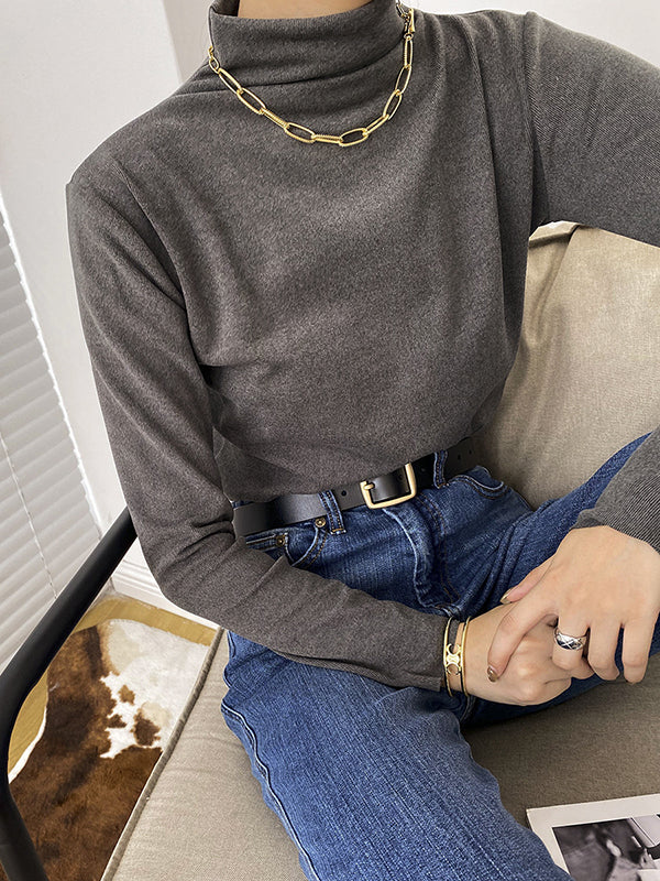 New Fashion Casual Long Sleeves Solid Color Half Turtleneck T-Shirts Tops-Homeundewear