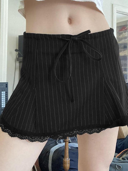 Low Waist Tie-Front Striped Lace-Trim Mini Skirt