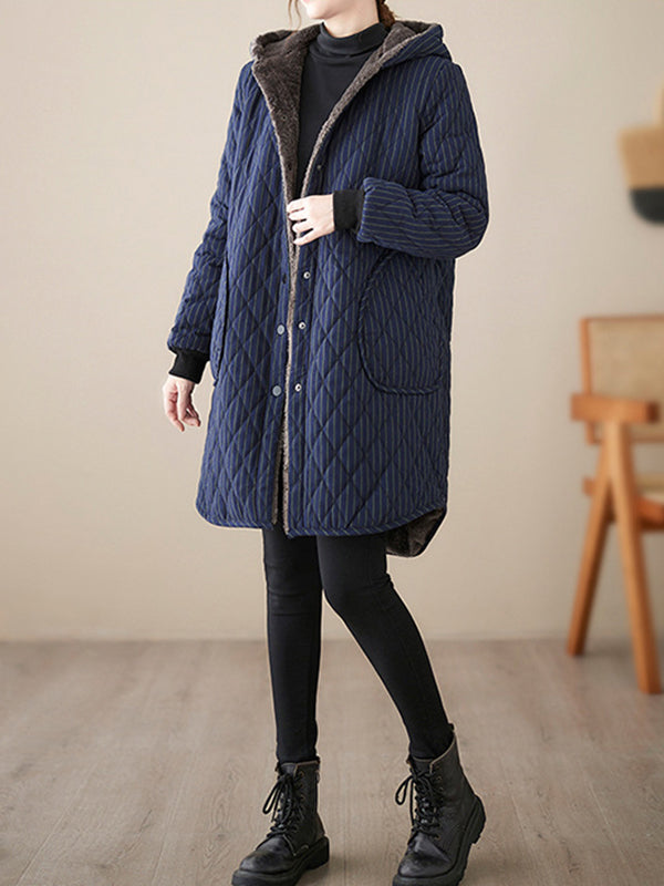 Artistic Retro Long Sleeves Loose Buttoned Keep Warm Plaid Hooded Outerwear