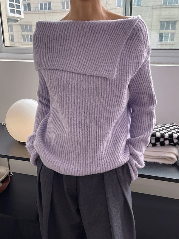 Casual Loose Long Sleeves Solid Color Lapel Sweater Tops-Homeunderwear