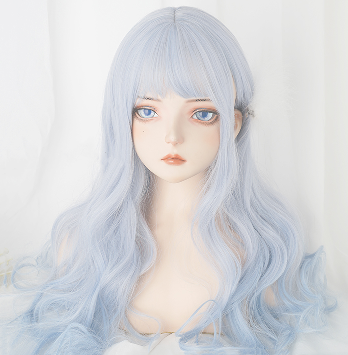 Free Shipping For Hivava Aqua Blue Gradient Neat Bang Long Curly Wig