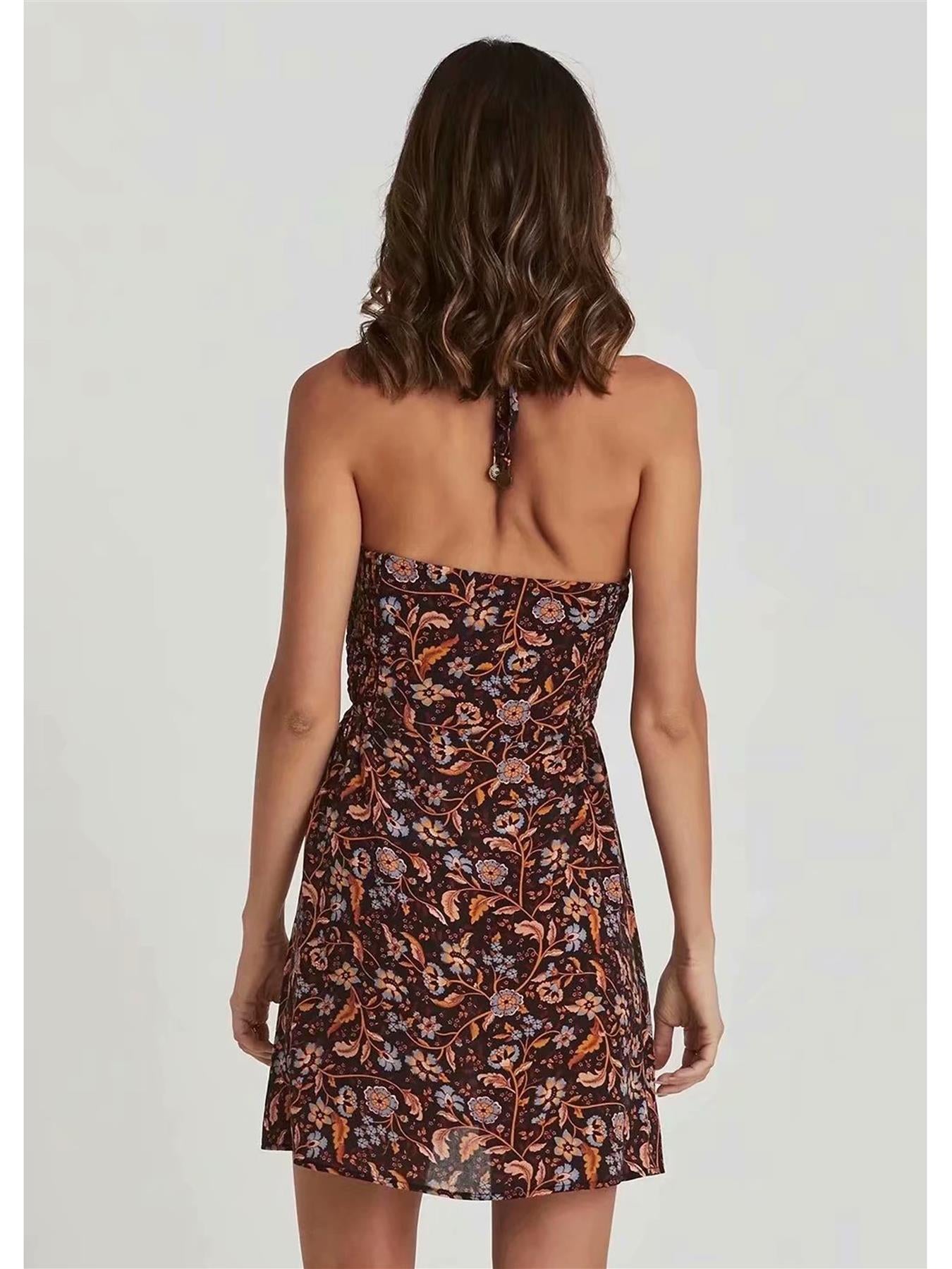 Summer Strappy Flowy Mini Dress In Black Floral Print