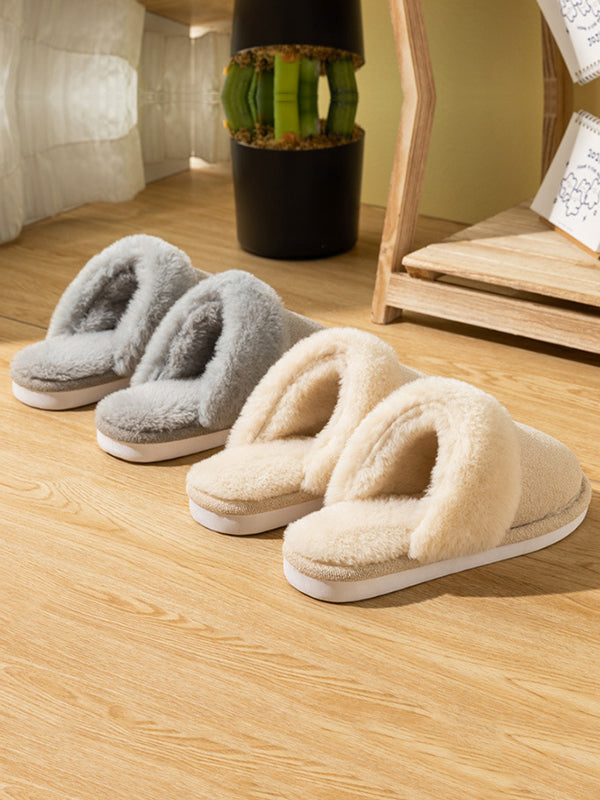 Home Wear Velvet Keep Warm Solid Color Slippers-Homeunderwear