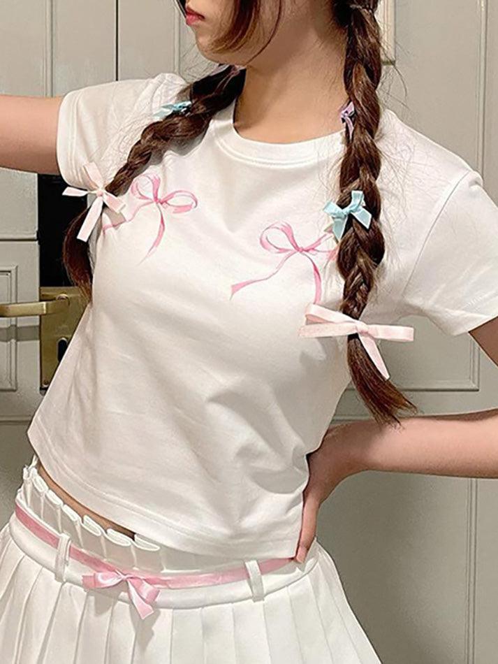 Short-Sleeve Crew Neck Bow Print Crop T-Shirt