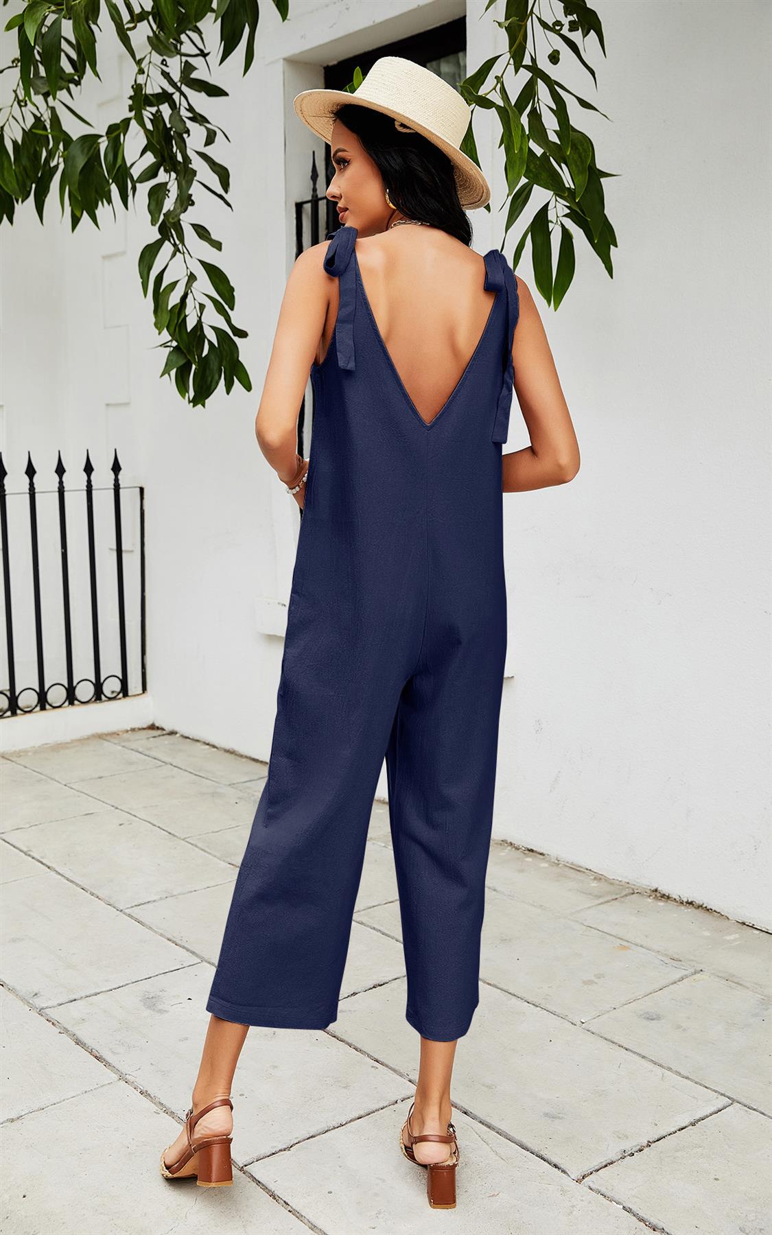 Tie On Shoulder Culotte Jumpsuit In Navy