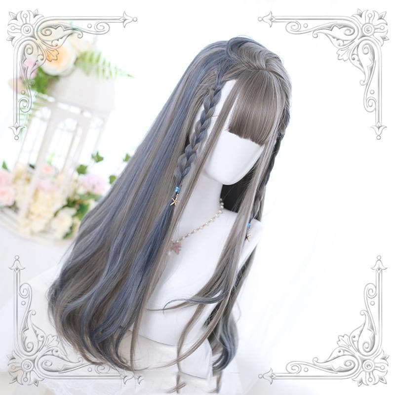 Free Shipping For Hivava Lolita Gray Blue Highlighting Long Curly Wig