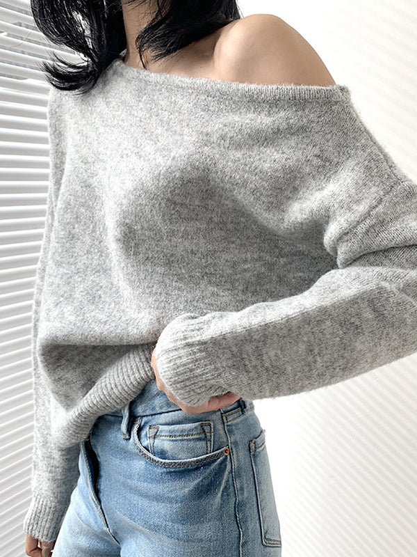 Casual Loose Long Sleeves Solid Color Off-The-Shoulder Sweater Tops-Homeunderwear