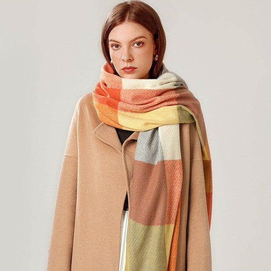 British Style Imitated Cashmere Plaid Tassled Shawl Scarf