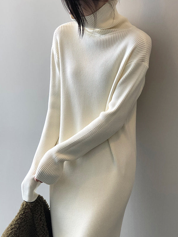 Urban Loose Long Sleeves Split-Side Solid Color High-Neck Sweater Dresses-Homeunderwear