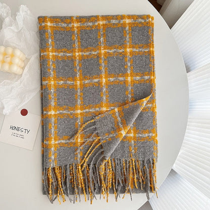 Imitated Cashmere Plaid Thickened Tassled Scarf