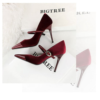 Chic Metal Buckle and Ankle Strap Suede Patchwork Pointed Toe Shoes-Heel Height 7CM-Homeunderwear