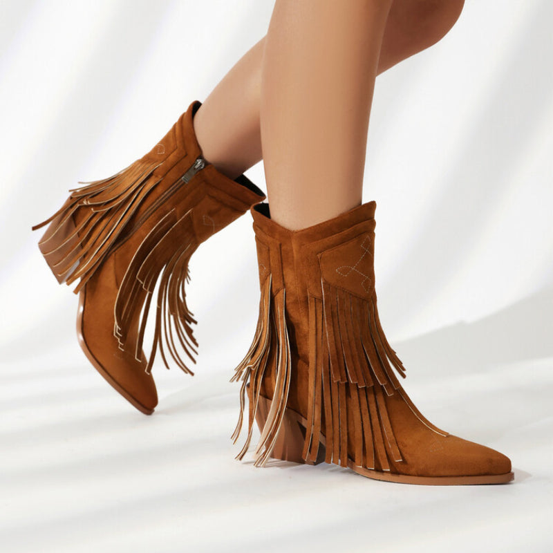 Embroidered Suede Ankle Tassel Accents and Contrast Colors Boots-Homeunderwear