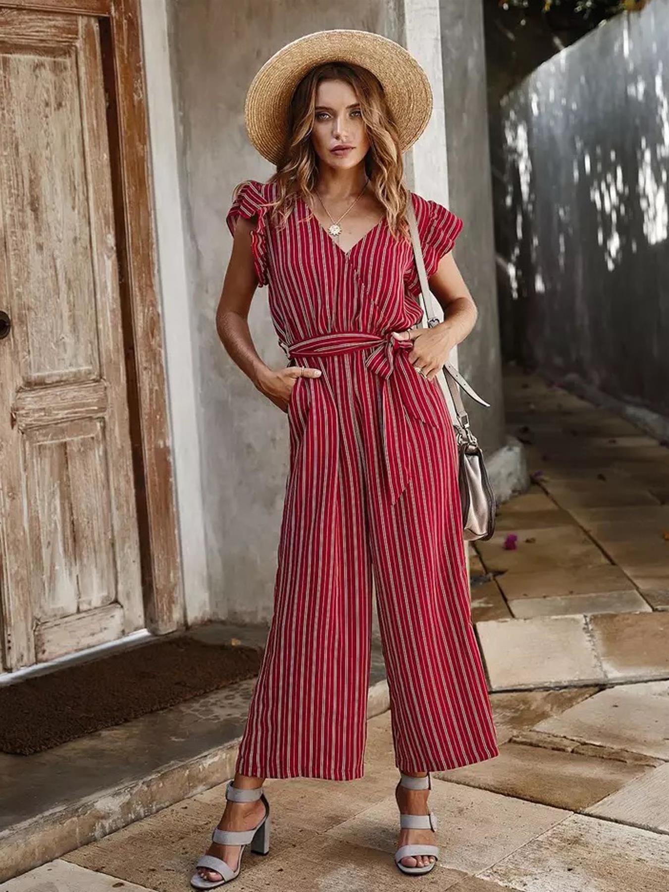 Red Stripe Sleeveless Jumpsuit With V Neckline