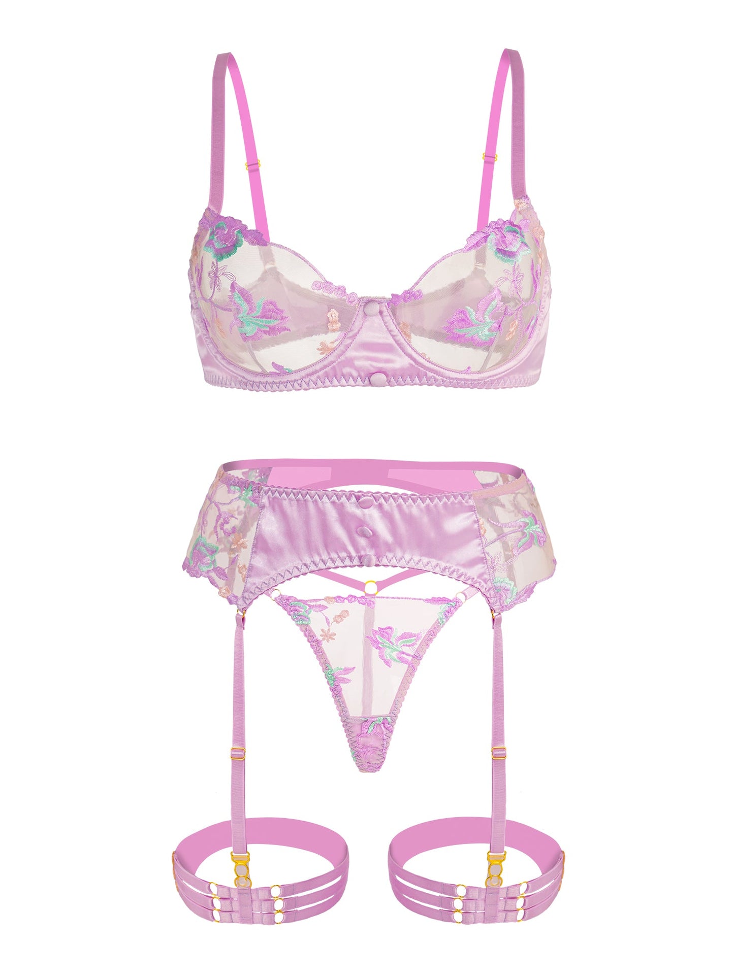 Free Shipping For  Mesh Embroidered  Floral Lingerie Set