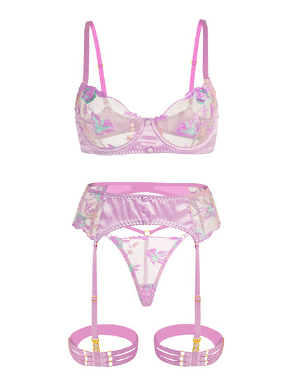 Free Shipping For  Mesh Embroidered  Floral Lingerie Set