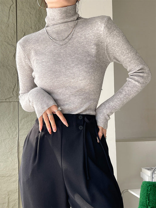 New Fashion Casual Long Sleeves Skinny Solid Color High-Neck Sweater Tops-Homeundewear