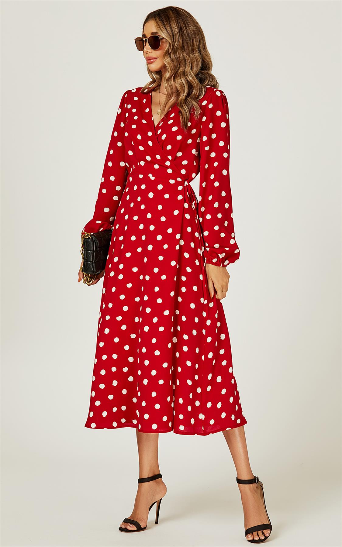 Polka Dot Wrap Midi Dress In Red