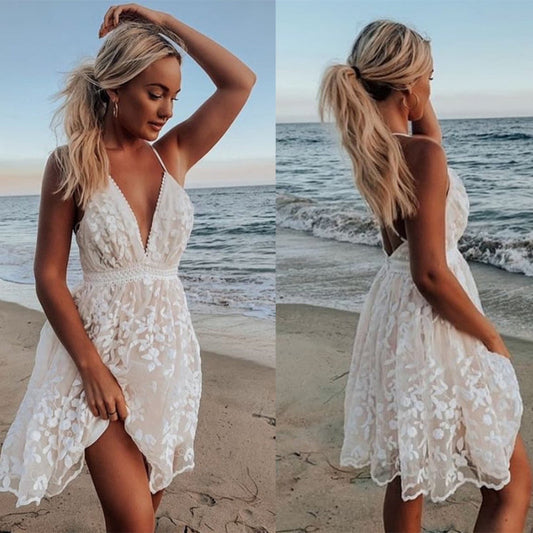 Lace Trim V-neck Backless Dress