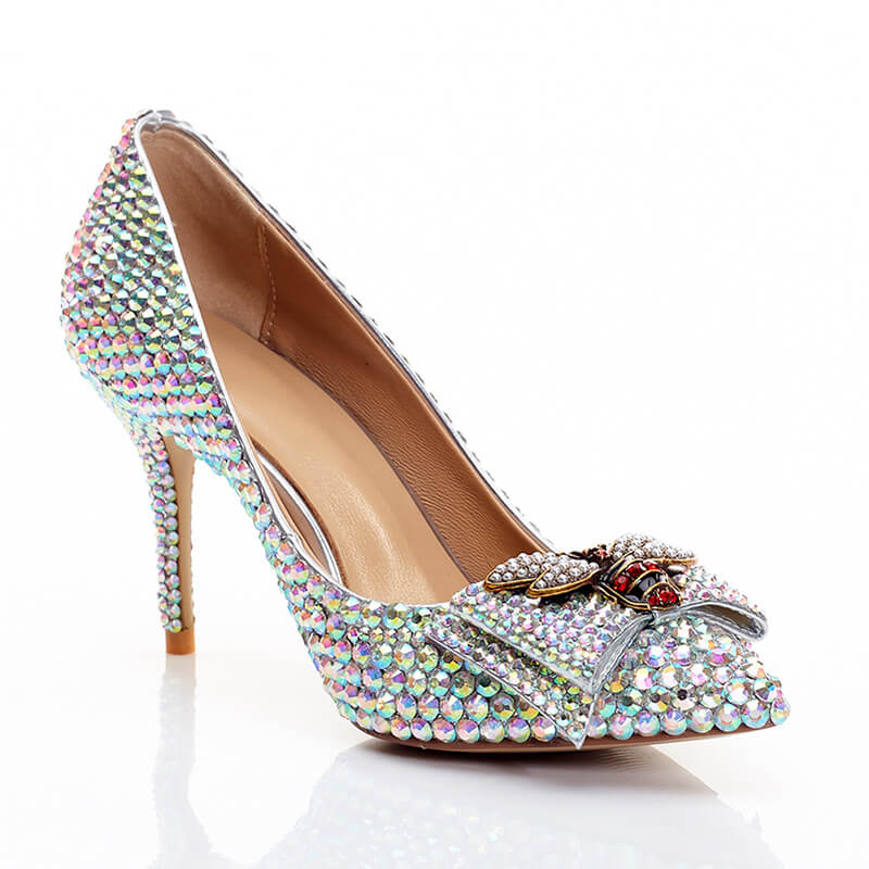 Bow Rhinestone Point Toe Ankle Stiletto Heel Pumps