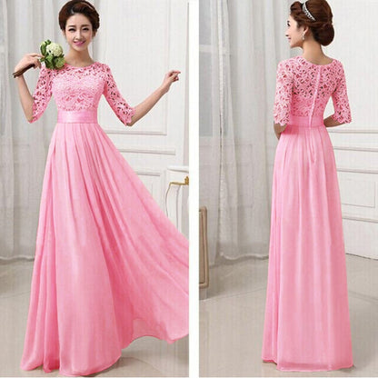 Clearance Lace Chiffon Patchwork High Waist Half Sleeves Long Party Dress