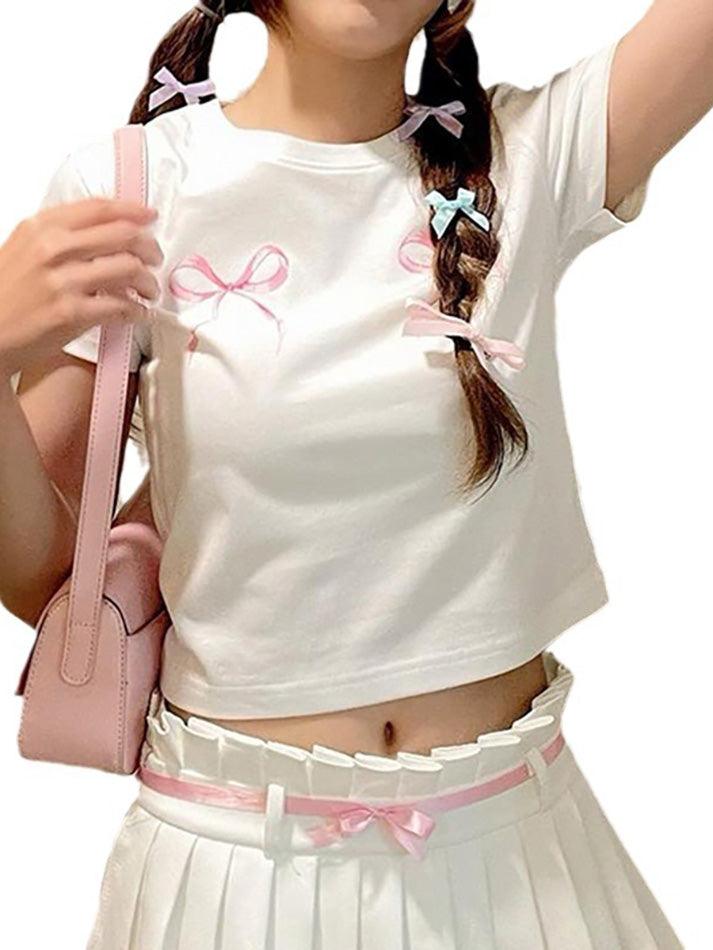 Short-Sleeve Crew Neck Bow Print Crop T-Shirt