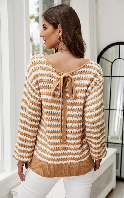 White Stripe Relaxed Knit Jumper Top In Camel