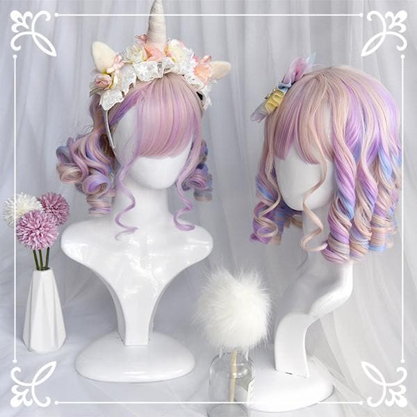 Free Shipping For Hivava Pastal Pink Rainbow Unicorn Cute Romantic Roll Short Wig