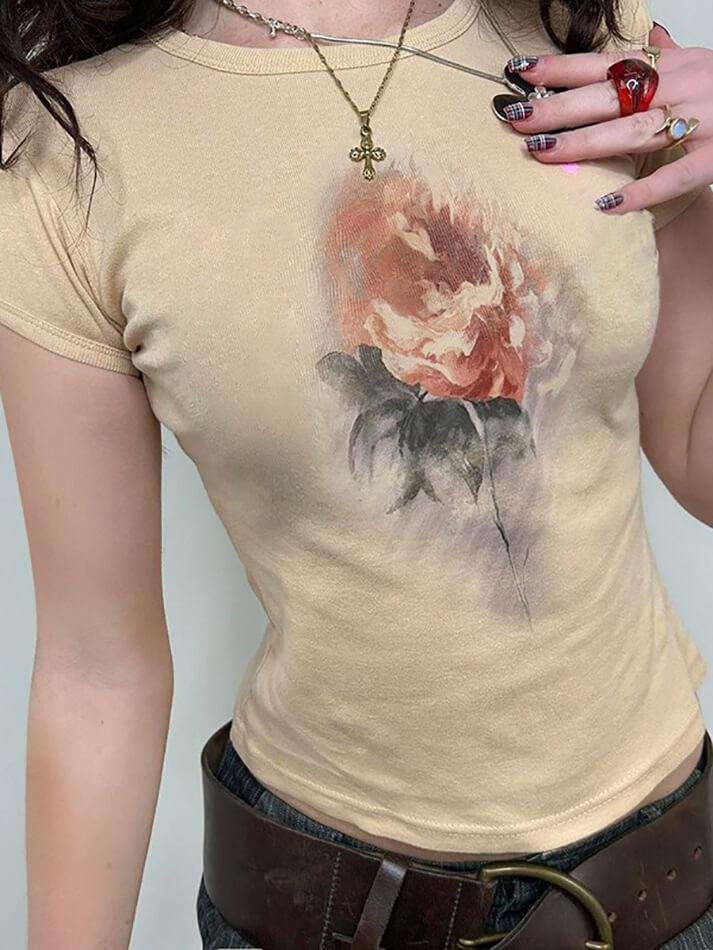 Short Sleeve Rose Print Slim-Fit Crop T-Shirt