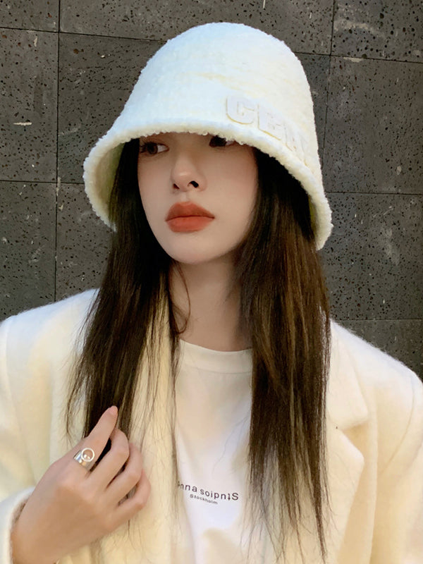 Casual Keep Warm Solid Color Letter Applique Bucket Hat-Homeunderwear