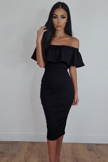 Clearance Off Shoulder Ruffle Solid Sheath Knee-length Dress