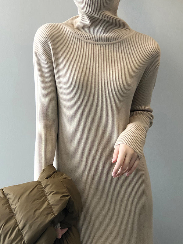 Urban Loose Long Sleeves Split-Side Solid Color High-Neck Sweater Dresses-Homeunderwear