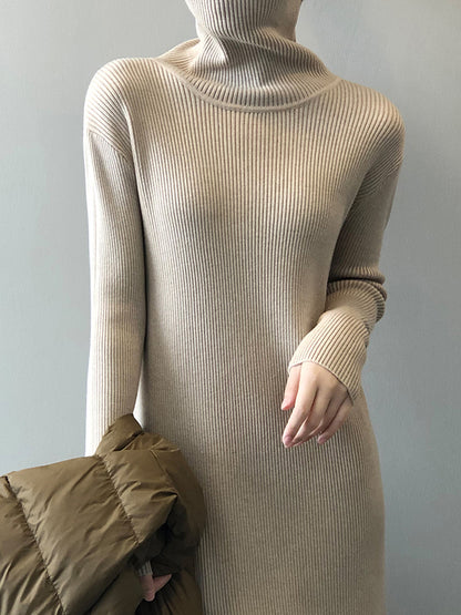 Urban Loose Long Sleeves Split-Side Solid Color High-Neck Sweater Dresses-Homeunderwear