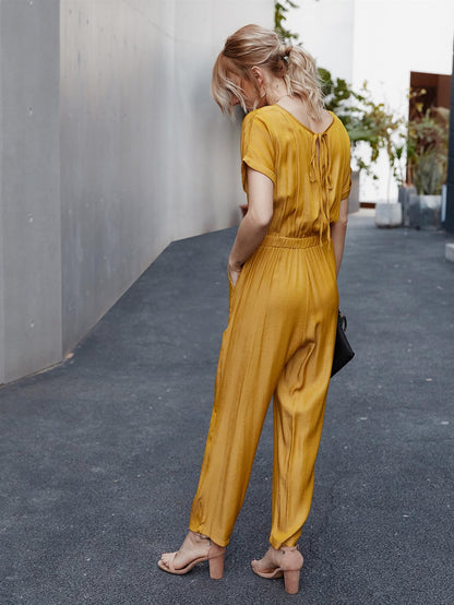 Back Detail Short Sleeve Jumpsuit In Yellow