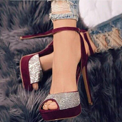 Red Peep Toe Buckle Rhinestone High Heel Sandals