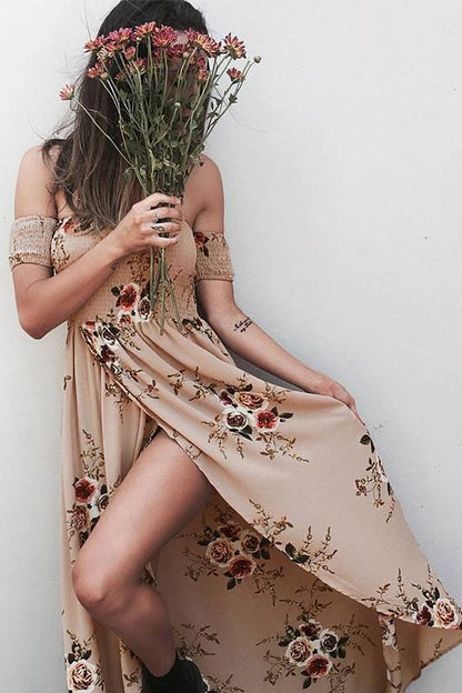 Clearance Off Shoulder Short Sleeves Low High Split Flower Print Long Beach Dress