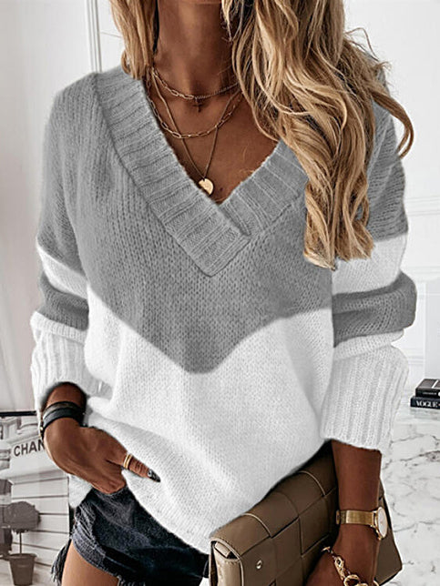 Casual Long Sleeves Loose Contrast Color V-Neck Sweater Tops-Homeunderwear