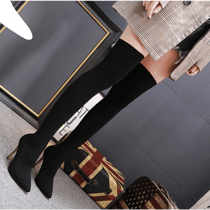 Black High Heel Pointed Toe Over Knee Sock Boots