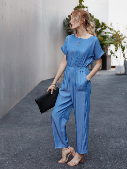 Back Detail Short Sleeve Jumpsuit In Blue