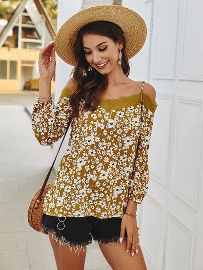 Lace Trim Off The Shoulder Top In Mustard Daisy Floral Print