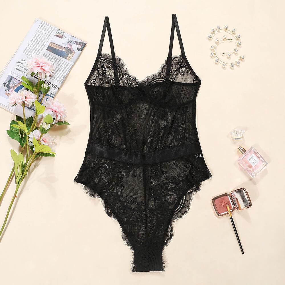 Lace See Through Black Bodysuits