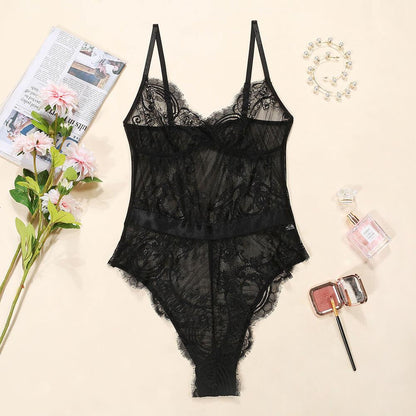 Lace See Through Black Bodysuits