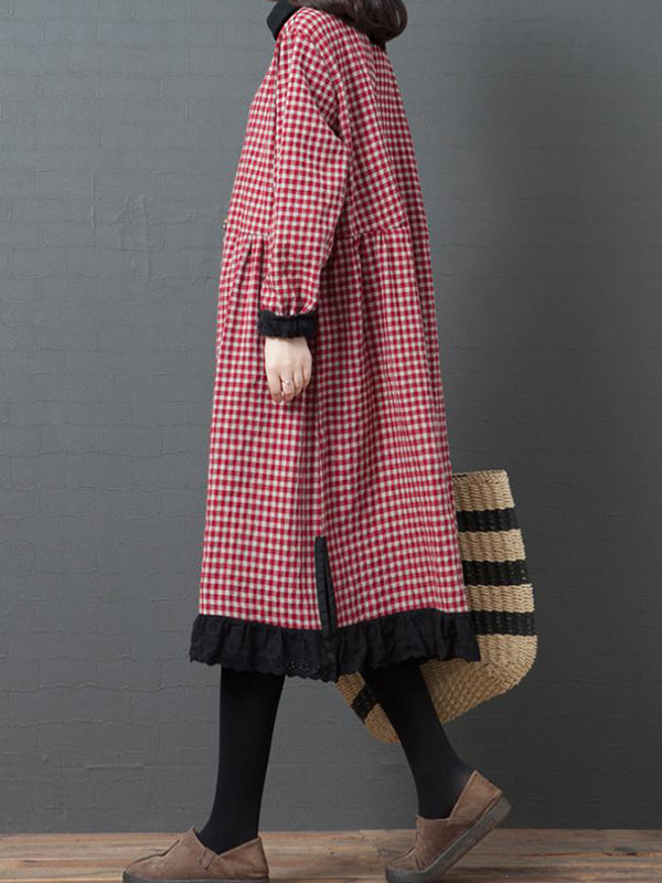 Casual Loose Long Sleeves Plaid High-Neck Padded Midi Dresses