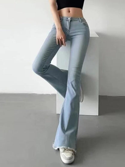 Washed Low Waist Stretchy Mopping Flare Jeans