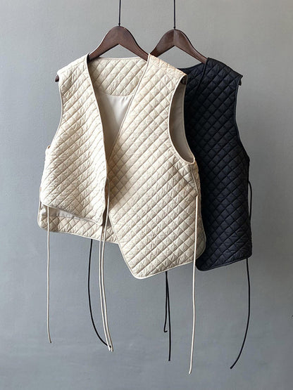 Casual Sleeveless Rhombic Quilted Lace-Up Asymmetric V-Neck Vest Top