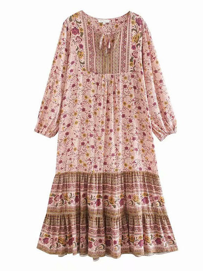 Boho Long Sleeve Tiered Smock Dress In Pink Floral Print