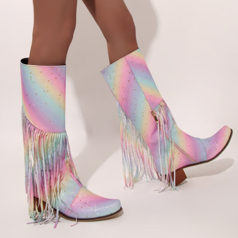 Fantasy Fringe Patchwork High-Top Chunky Heel Fashion Boots-Homeunderwear