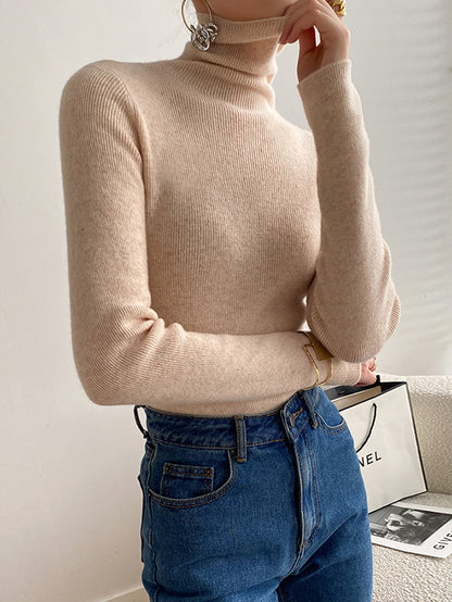 Simple Skinny Solid Color High-Neck Sweater Tops Pullovers-Homeunderwear