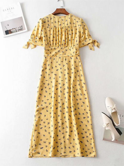 Charming Front Button Tea Dress In Yellow & lavender Print